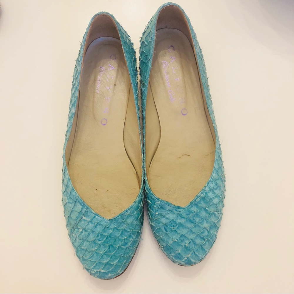 CALYPSO Turquoise Leather Snakeskin Flats - Size 8